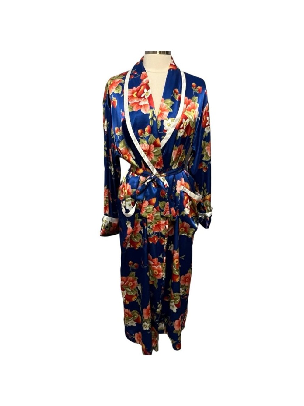 Victorias Secret Blue Floral Satin Robe Belted Kimono Sleepwear Womens PS Petite
